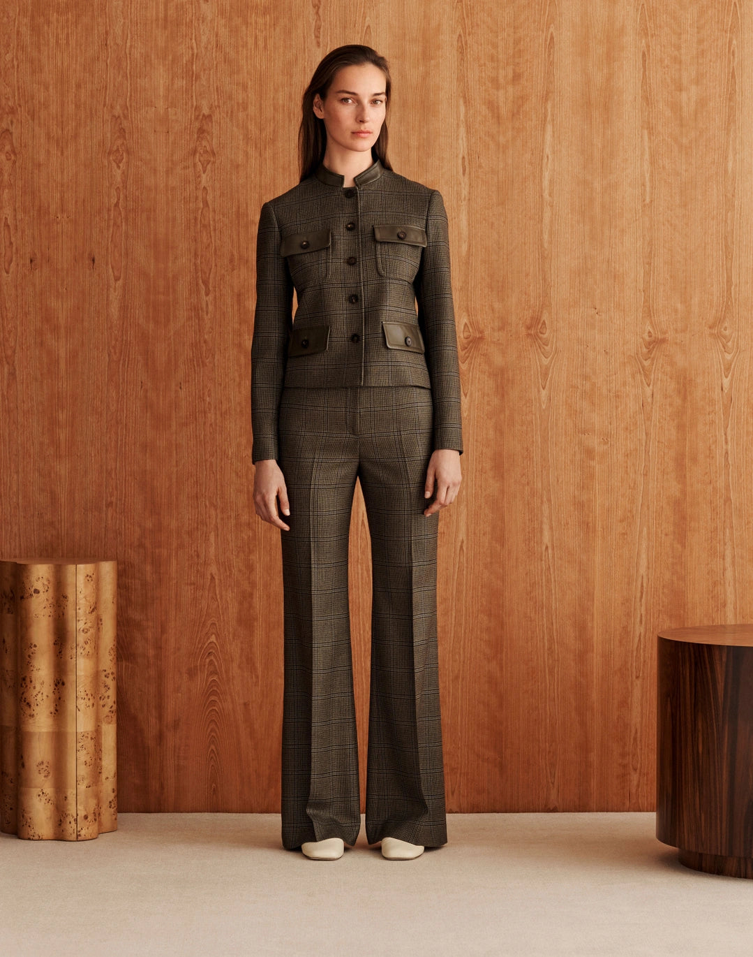 Wool Glen Plaid Cropped Jacket - Olive Multi
