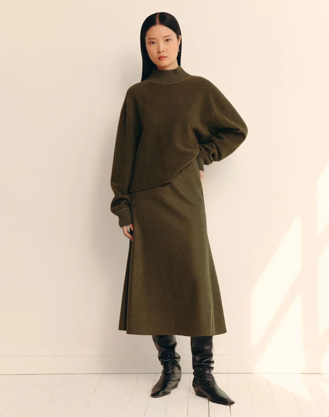 Wool-Cashmere Double Face Jersey Reversible Skirt - Forage Green Mel/Ashwood Mel