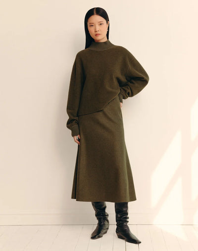 Wool-Cashmere Double Face Jersey Reversible Skirt - Forage Green Mel/Ashwood Mel