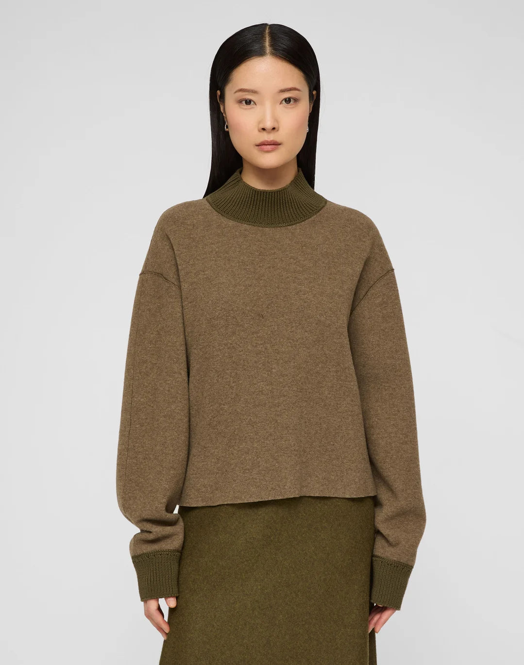 Wool-Cashmere Double Face Jersey Reversible Top - Forage Green Mel/Ashwood Mel