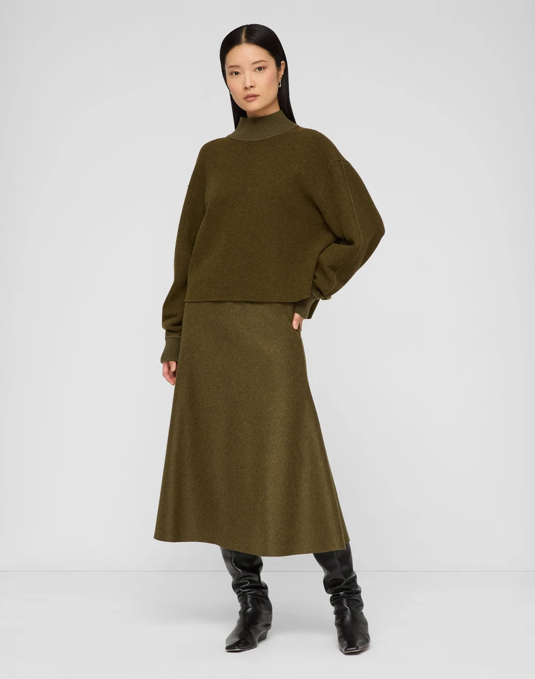 Wool-Cashmere Double Face Jersey Reversible Top - Forage Green Mel/Ashwood Mel