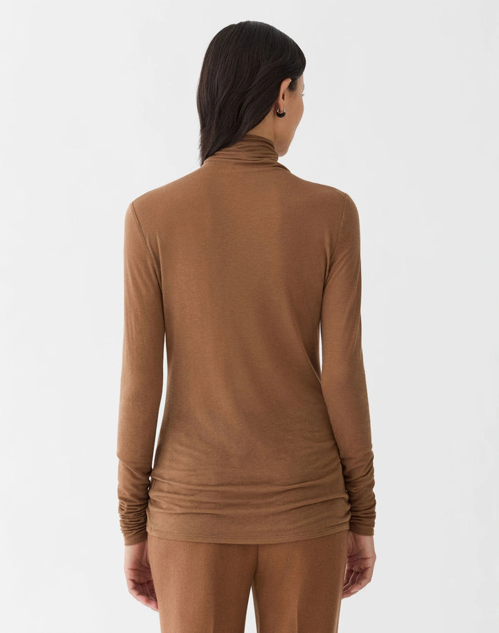 Viscose-Cashmere Jersey Elongated Fitted Turtleneck - Camel
