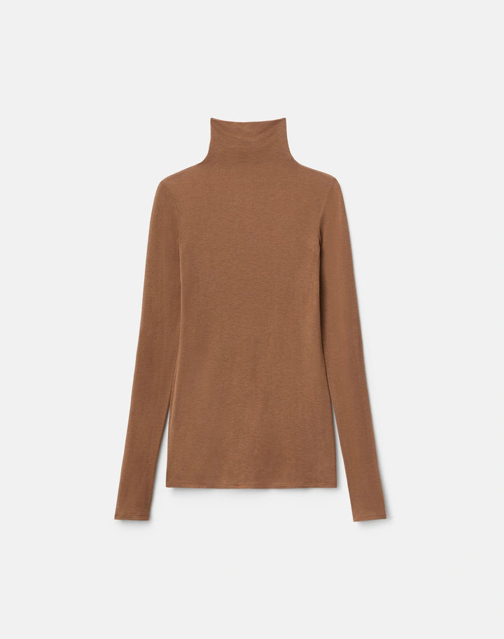 Viscose-Cashmere Jersey Elongated Fitted Turtleneck - Camel