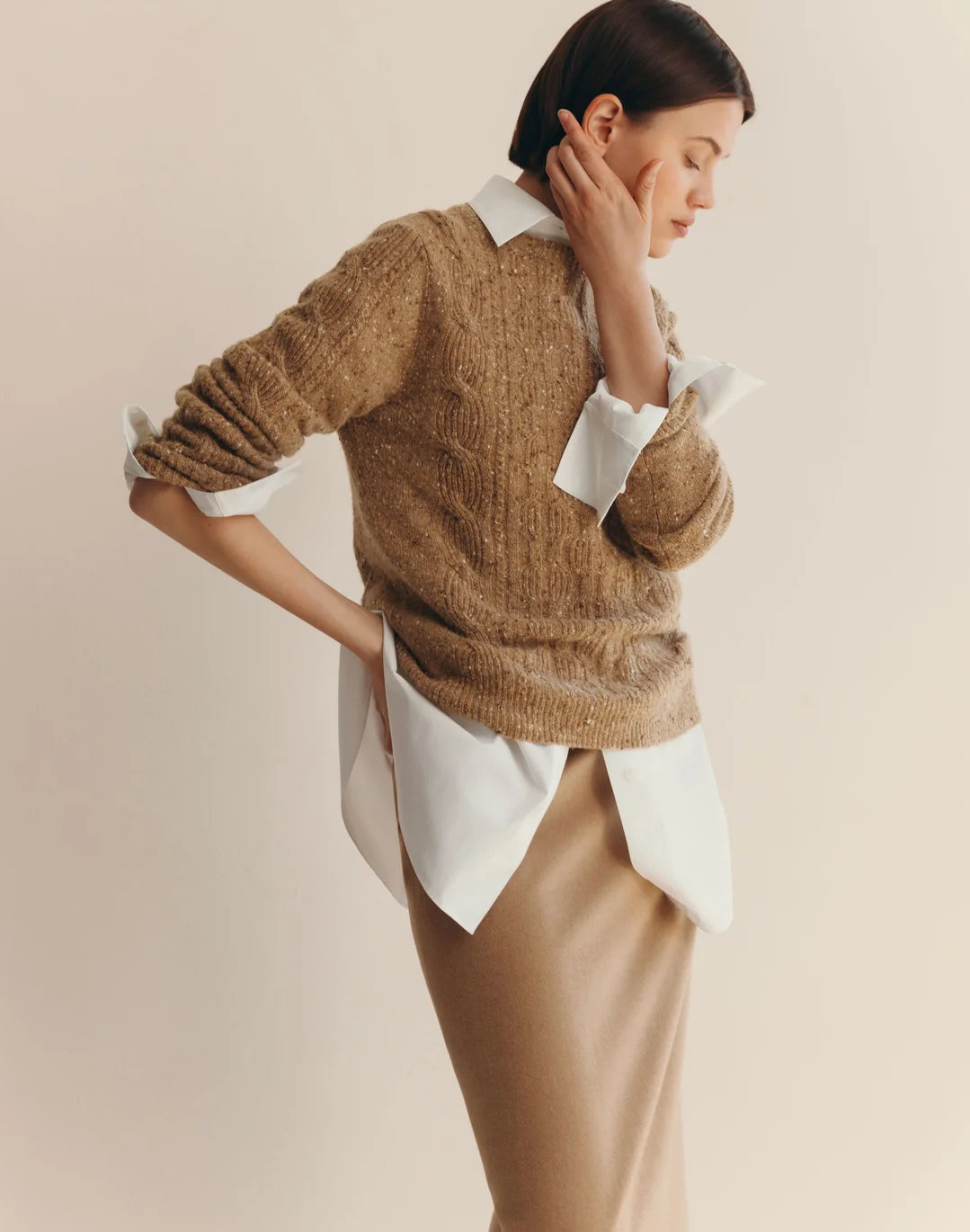 Cashmere Donegal Cable Knit Crewneck Sweater - Cammello Multi