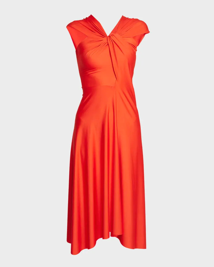 Cap-Sleeve Draped Asymmetric Dress - Red