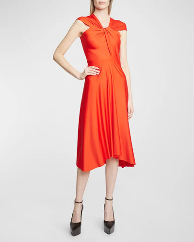 Cap-Sleeve Draped Asymmetric Dress - Red