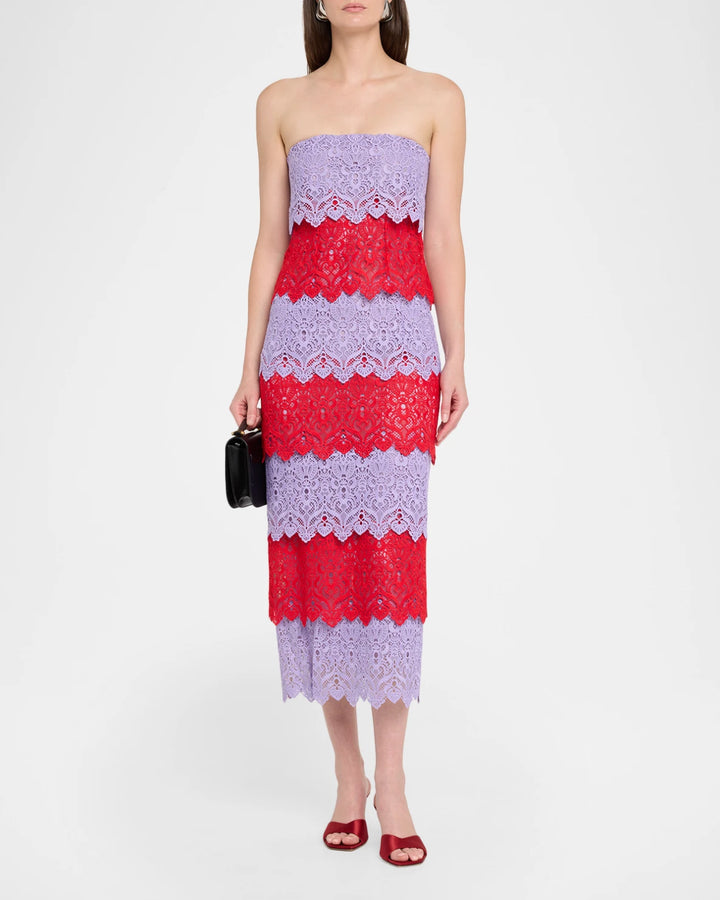 Strapless Ankle Length Dress - Red/Lavender