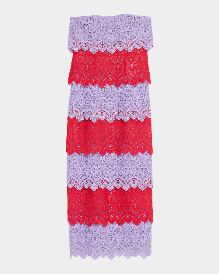 Strapless Ankle Length Dress - Red/Lavender
