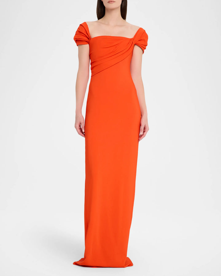 Cap-Sleeve Draped Cady Column Gown