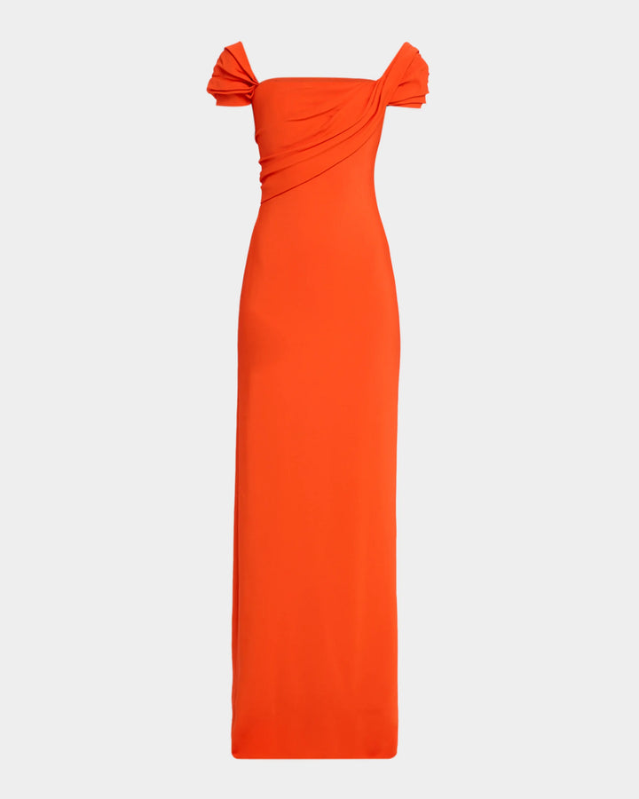 Cap-Sleeve Draped Cady Column Gown