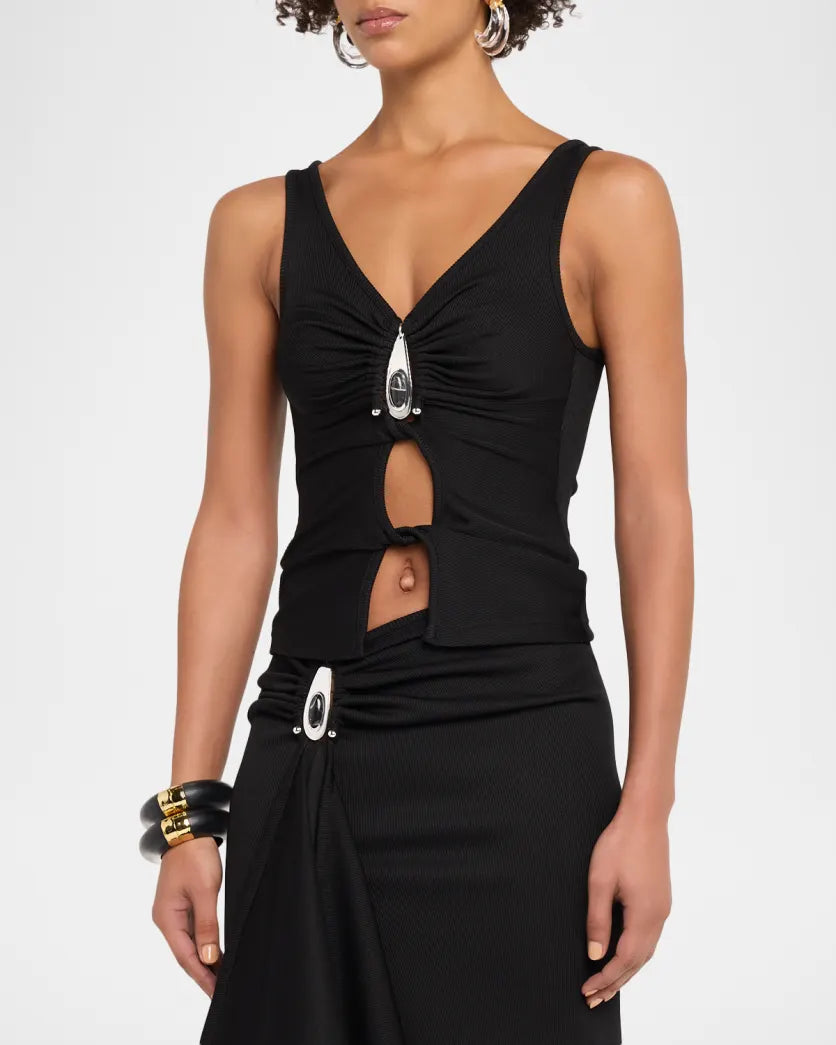 Crystal Pendant Twisted Keyhole Tank Top - More Colors Available