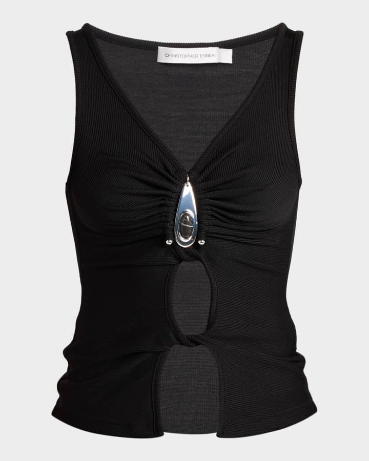 Crystal Pendant Twisted Keyhole Tank Top - More Colors Available