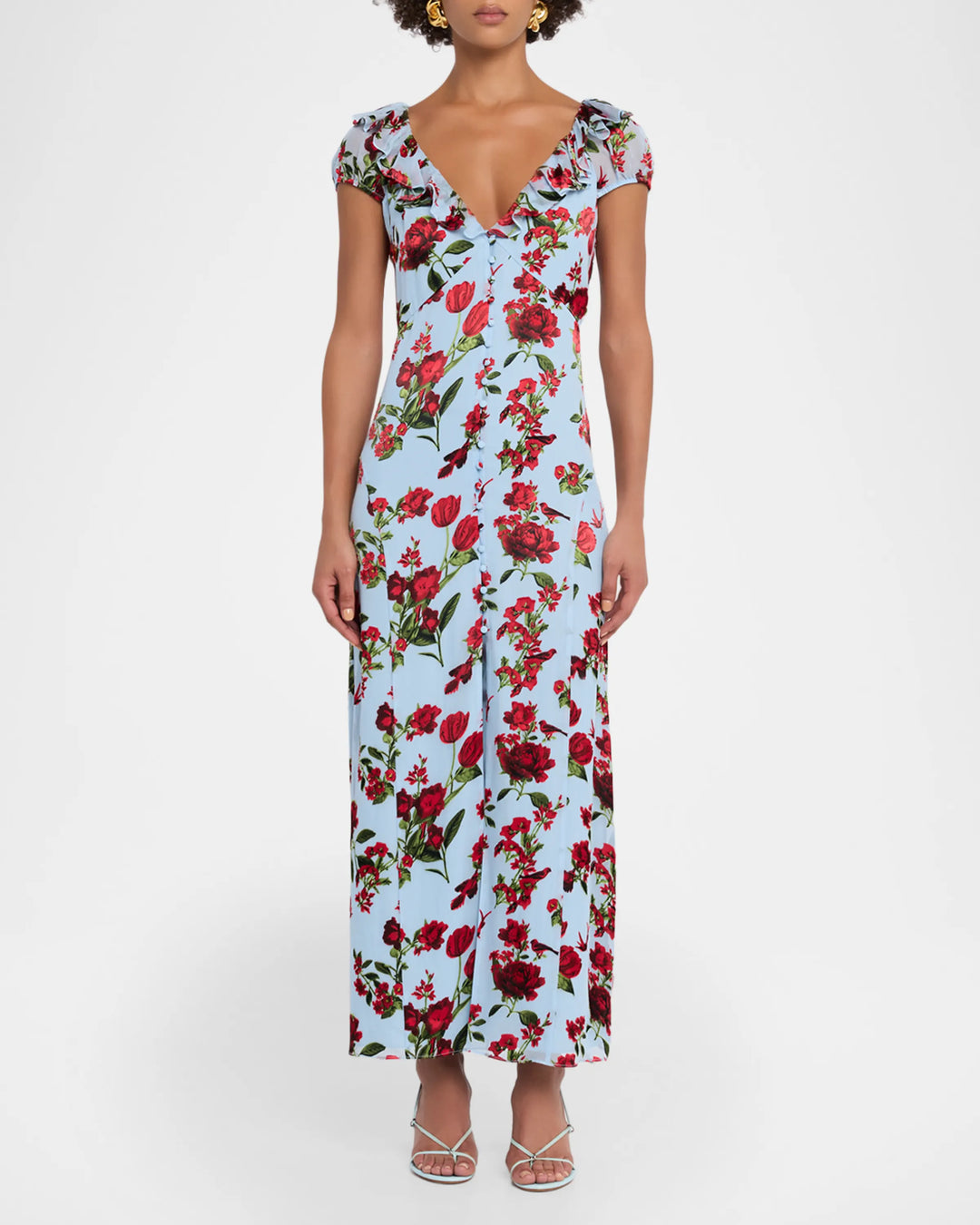 Tara Short-Sleeve Ruffle Maxi Dress -Blue Multi
