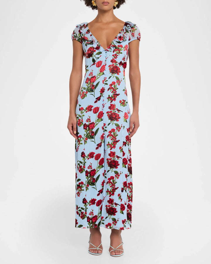Tara Short-Sleeve Ruffle Maxi Dress -Blue Multi