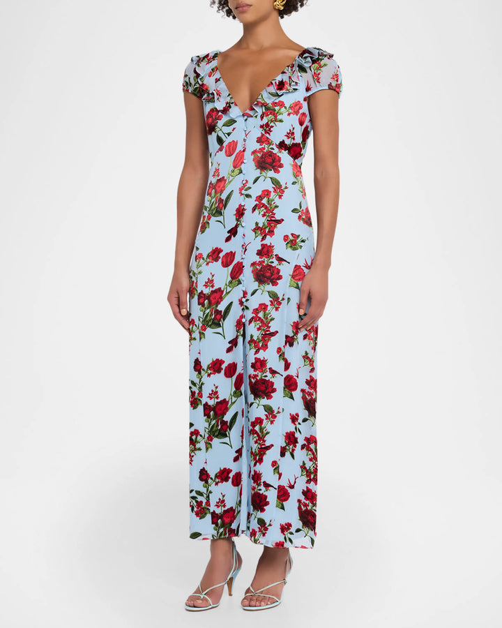 Tara Short-Sleeve Ruffle Maxi Dress -Blue Multi