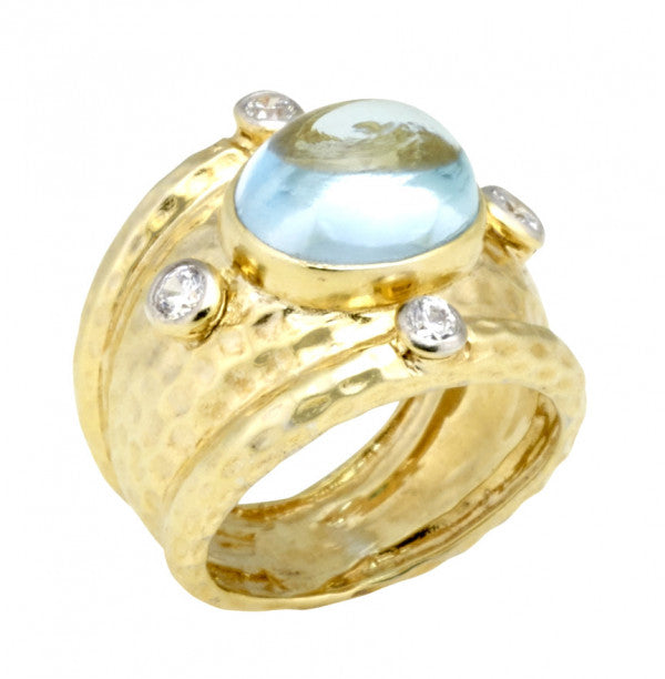 Blue Topaz Cabochon Ring with Hammered Texture