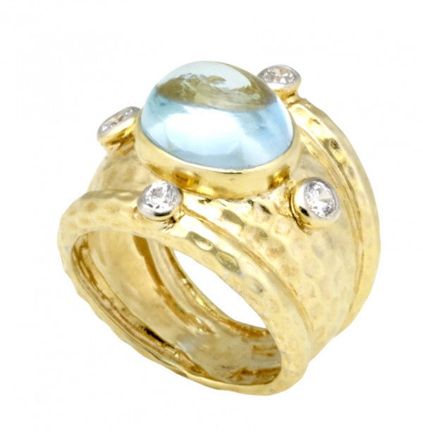 Blue Topaz Cabochon Ring with Hammered Texture