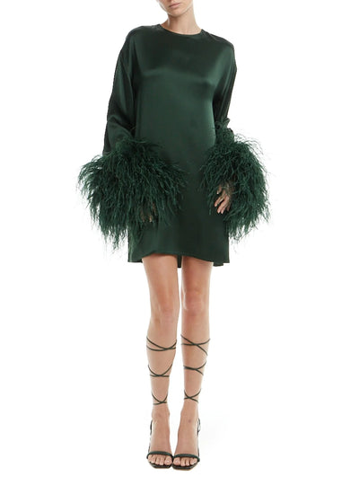 Satin Shift Dress with Feathers - Forest