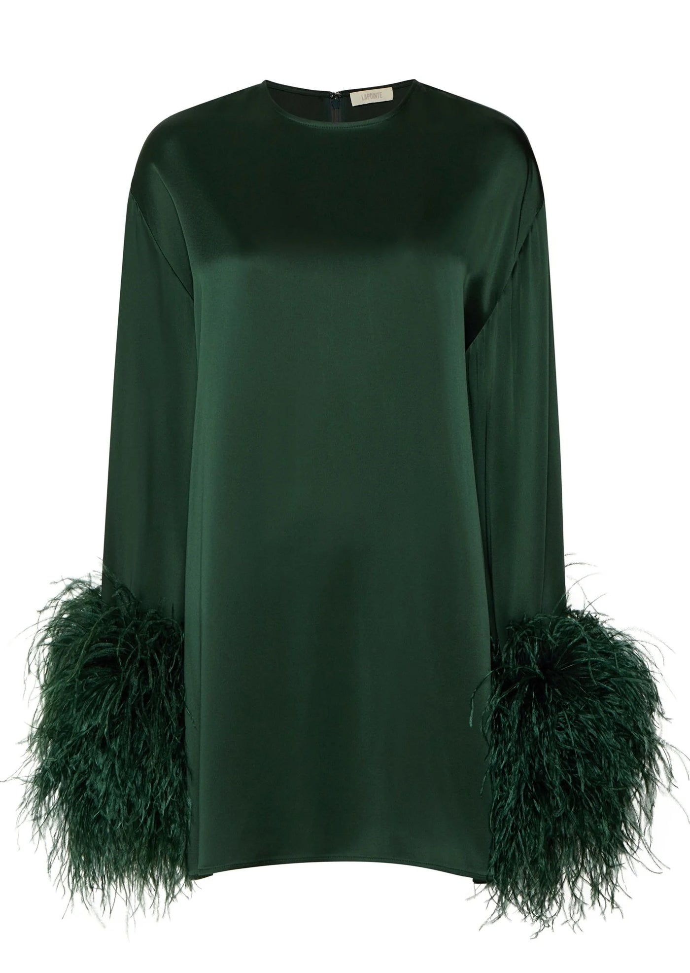 Satin Shift Dress with Feathers - Forest