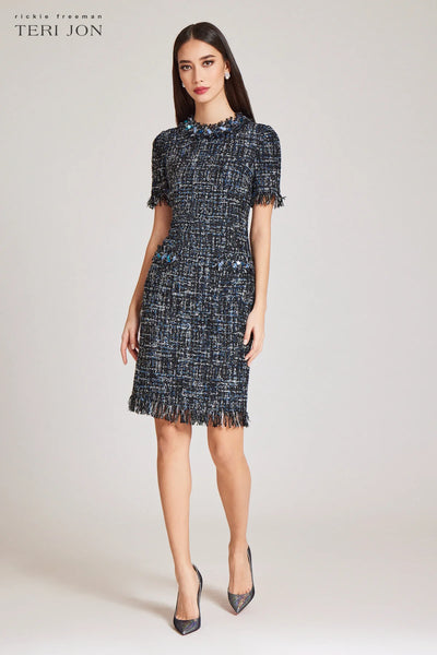 Tweed Sheath Dress With Bead Trim - Black Multi
