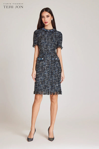Tweed Sheath Dress With Bead Trim - Black Multi