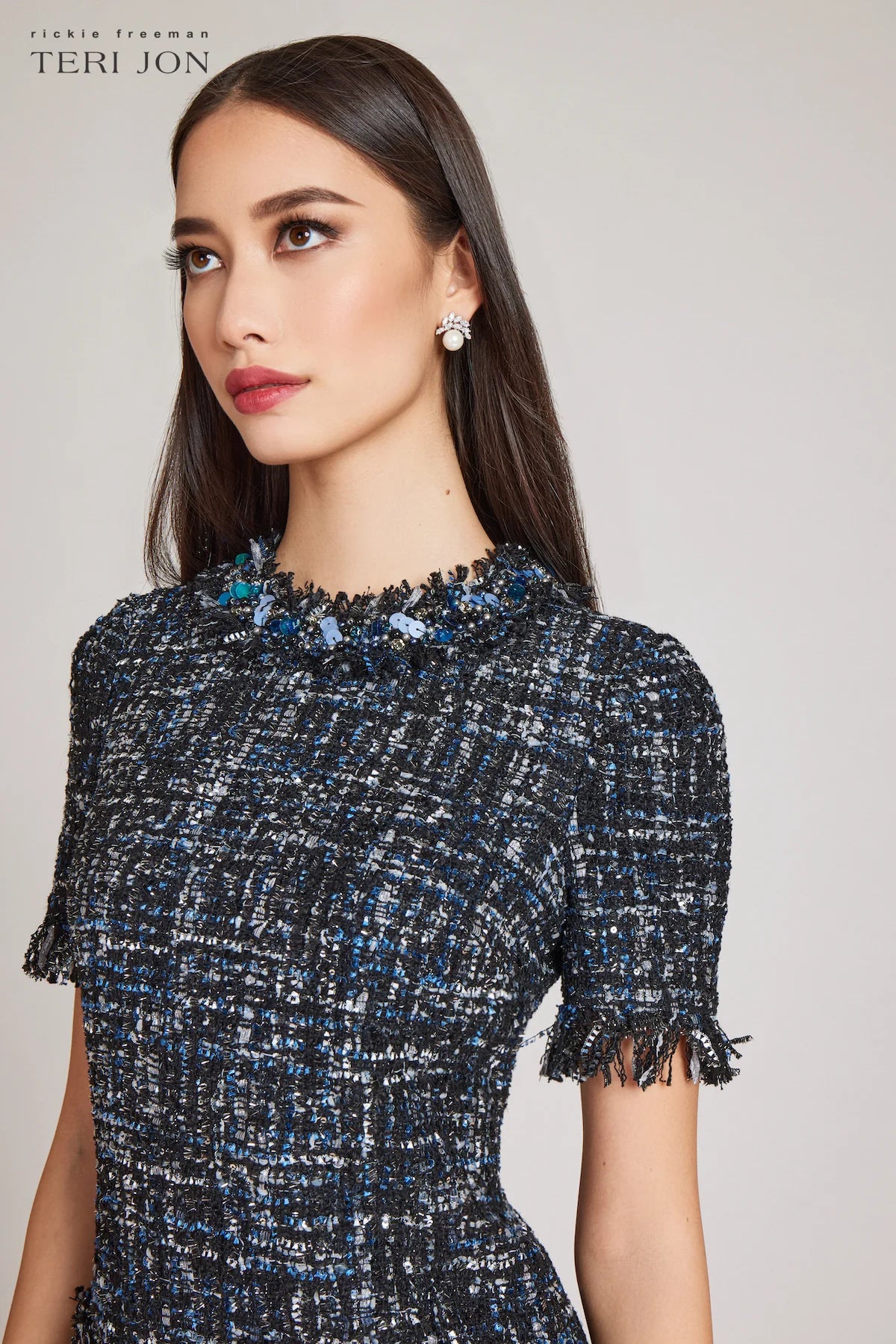 Tweed Sheath Dress With Bead Trim - Black Multi