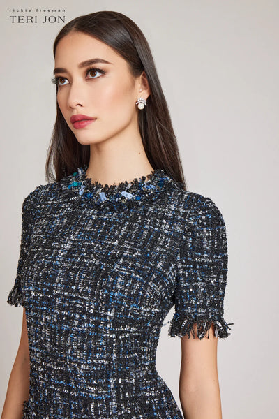 Tweed Sheath Dress With Bead Trim - Black Multi
