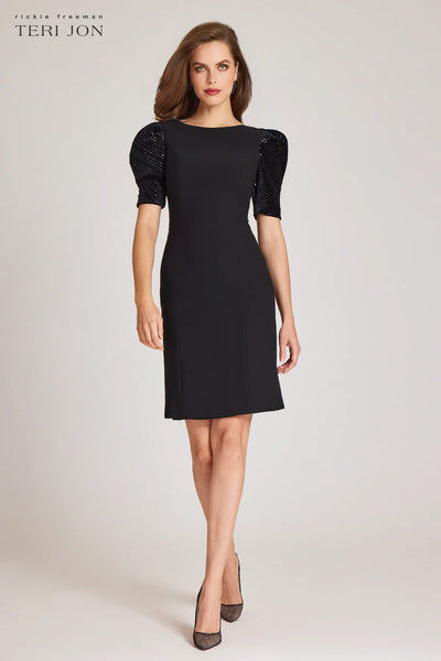 Velvet Puff Sleeve Crepe Sheath Dress - Black