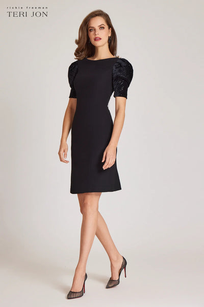 Velvet Puff Sleeve Crepe Sheath Dress - Black