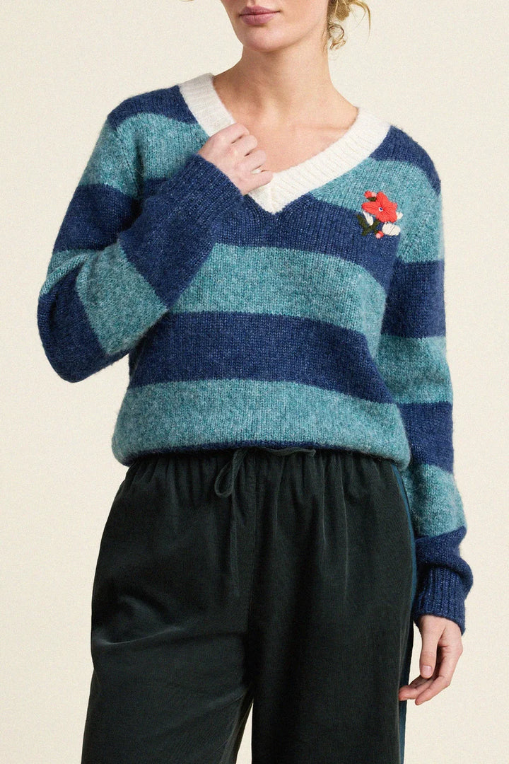 Chalet V -neck Sweater- Indigo Stripe
