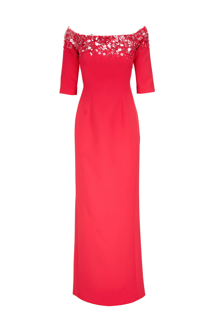 Floral Embellished Off-the-Shoulder Column Gown - Pink