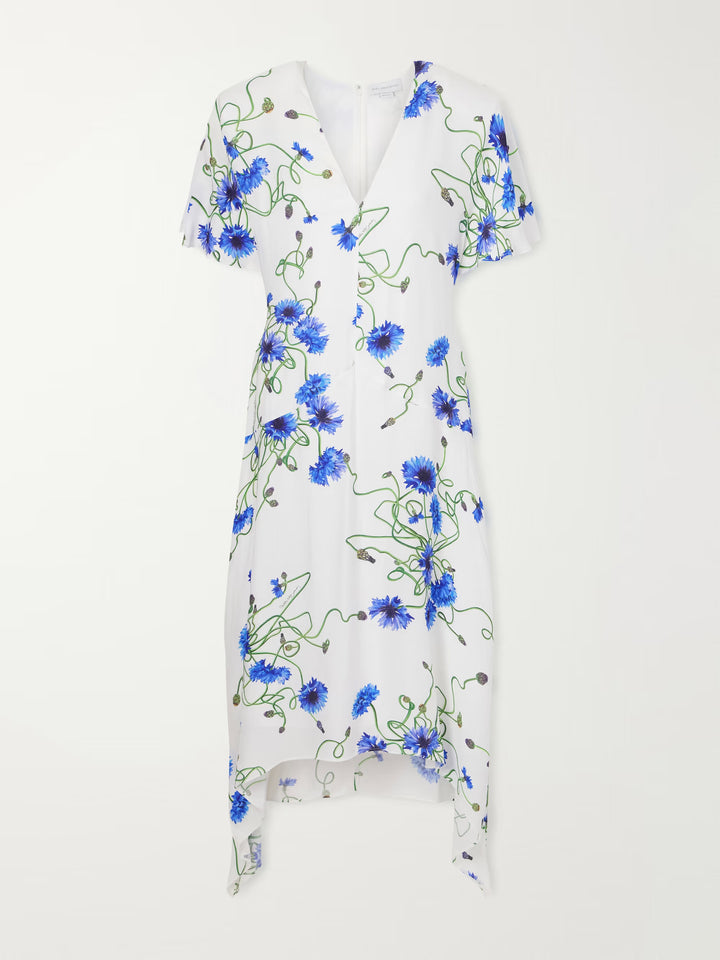 Floral Silk V Neck Dress - Blue Multi