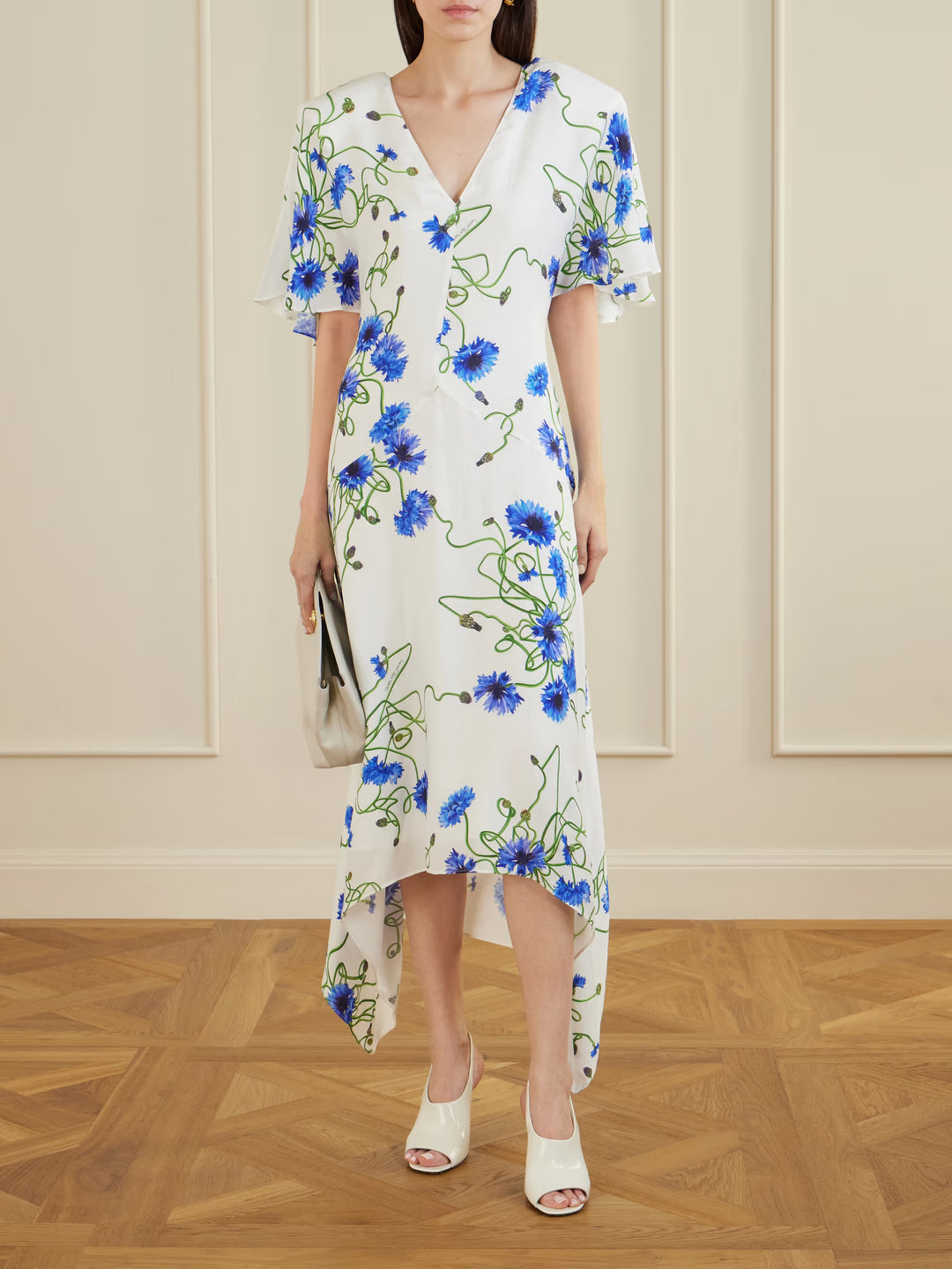 Floral Silk V Neck Dress - Blue Multi