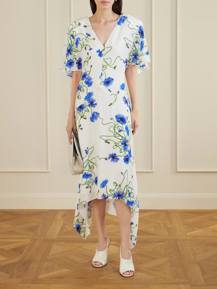 Floral Silk V Neck Dress - Blue Multi
