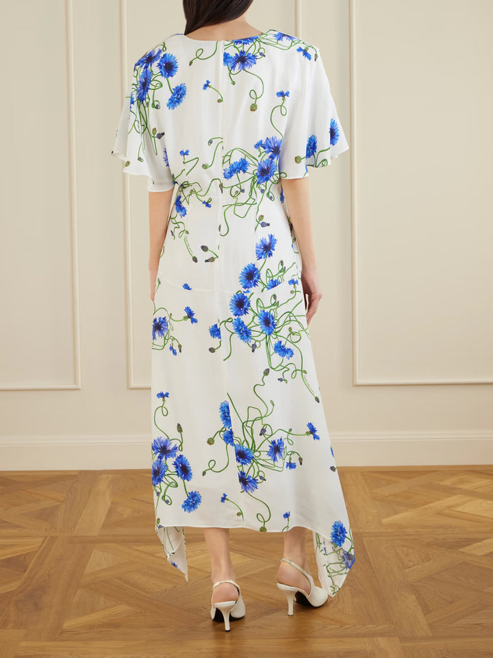 Floral Silk V Neck Dress - Blue Multi