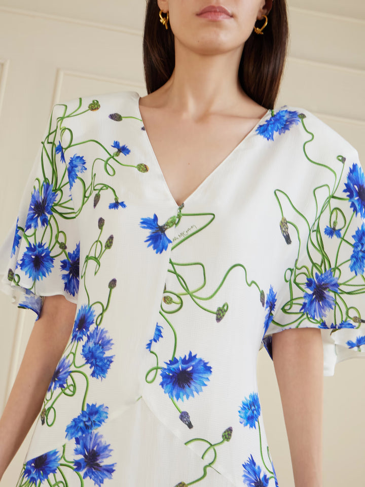 Floral Silk V Neck Dress - Blue Multi