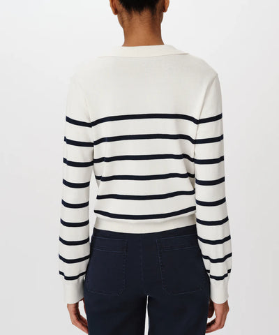 Cotton Silk Blend Striped Split Collar Sweater - White/Midnight