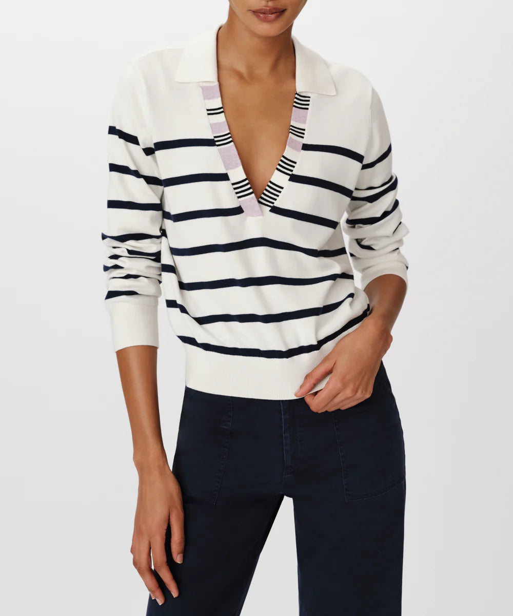 Cotton Silk Blend Striped Split Collar Sweater - White/Midnight