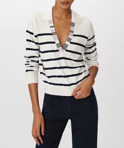 Cotton Silk Blend Striped Split Collar Sweater - White/Midnight