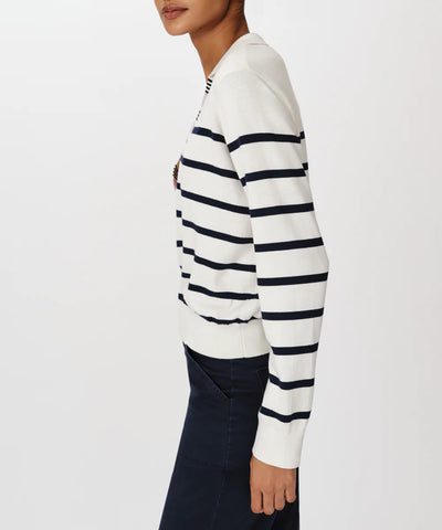 Cotton Silk Blend Striped Split Collar Sweater - White/Midnight