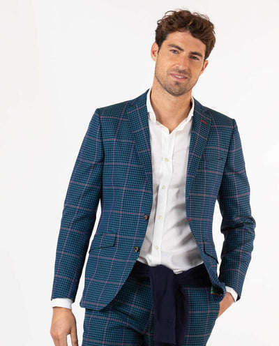 Checked Blazer With Red Outline - Blue