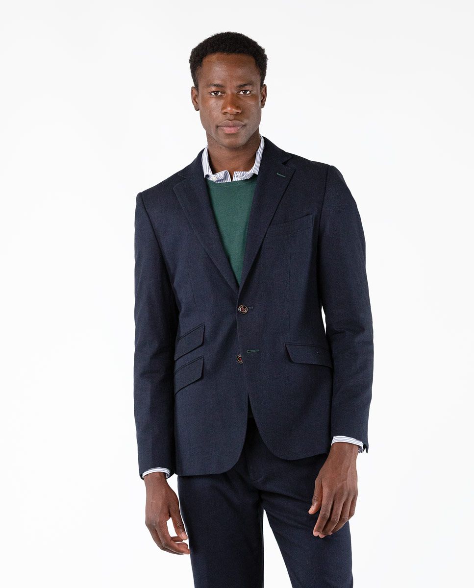 Cotton Herringbone Blazer - Navy