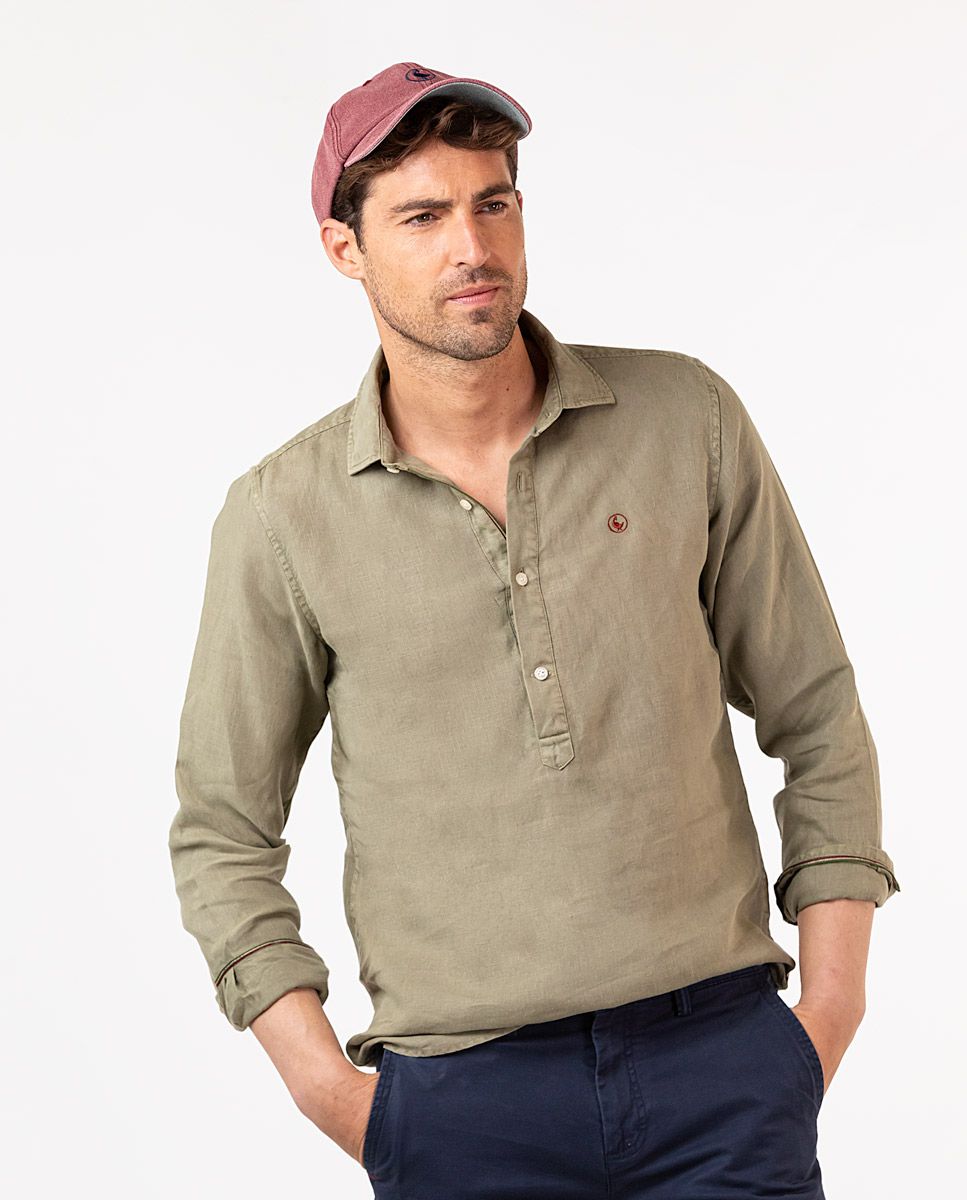 Plain Linen Popover Shirt - Green