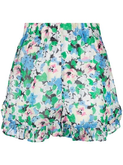 Ruffle Trim Shorts - Turquoise Floral Multi