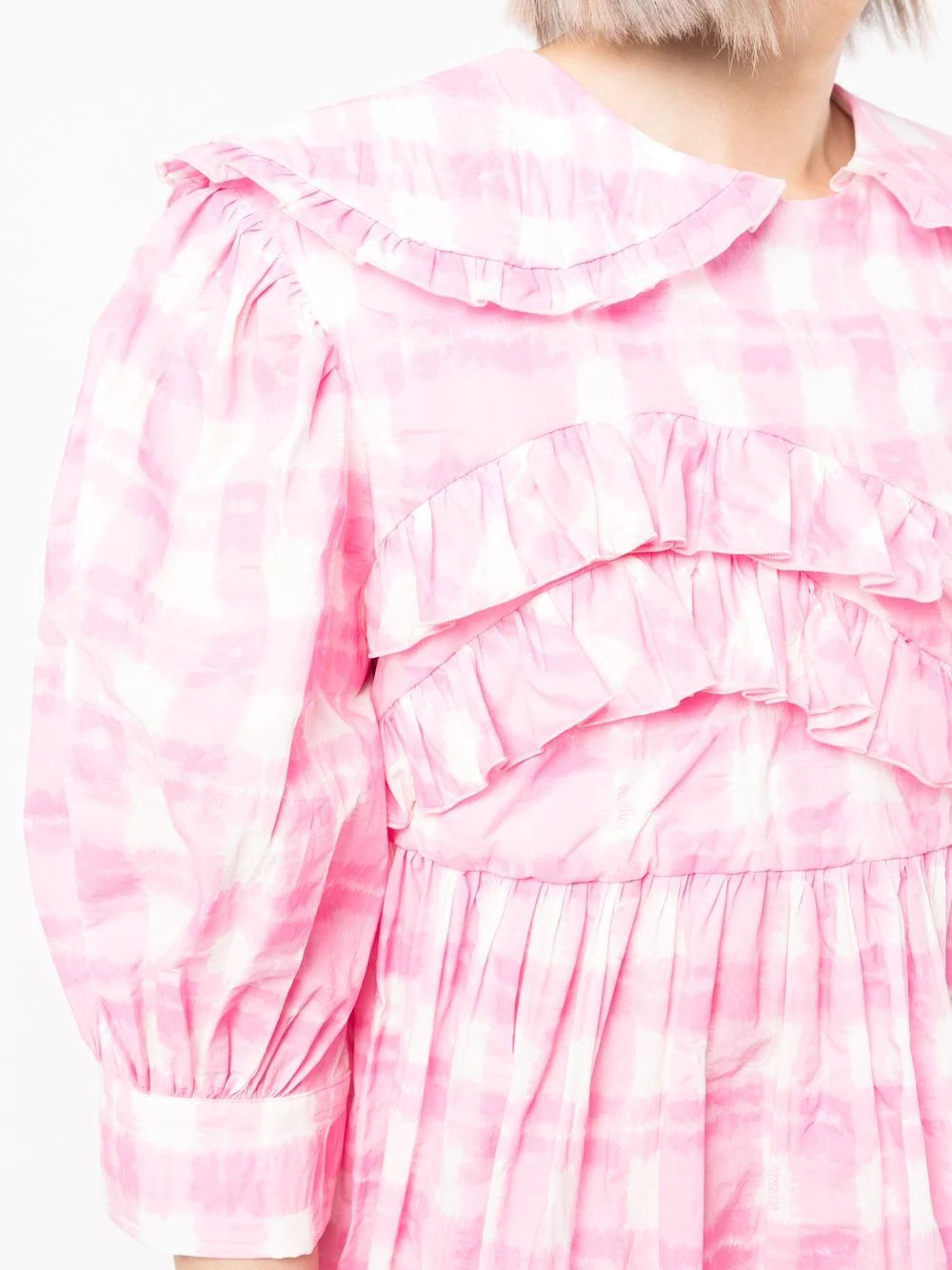 Gingham Puff-sleeve Dress - Pink