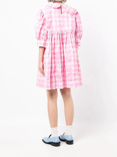 Gingham Puff-sleeve Dress - Pink