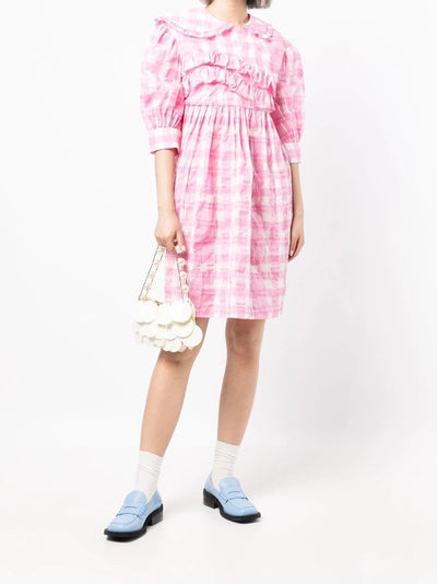 Gingham Puff-sleeve Dress - Pink