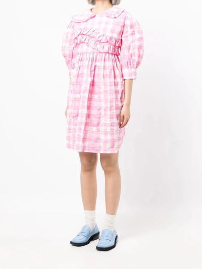 Gingham Puff-sleeve Dress - Pink