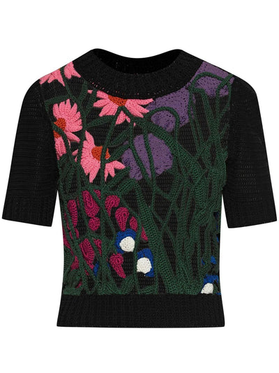 Floral-Embroidered Knitted Top - Black Multi