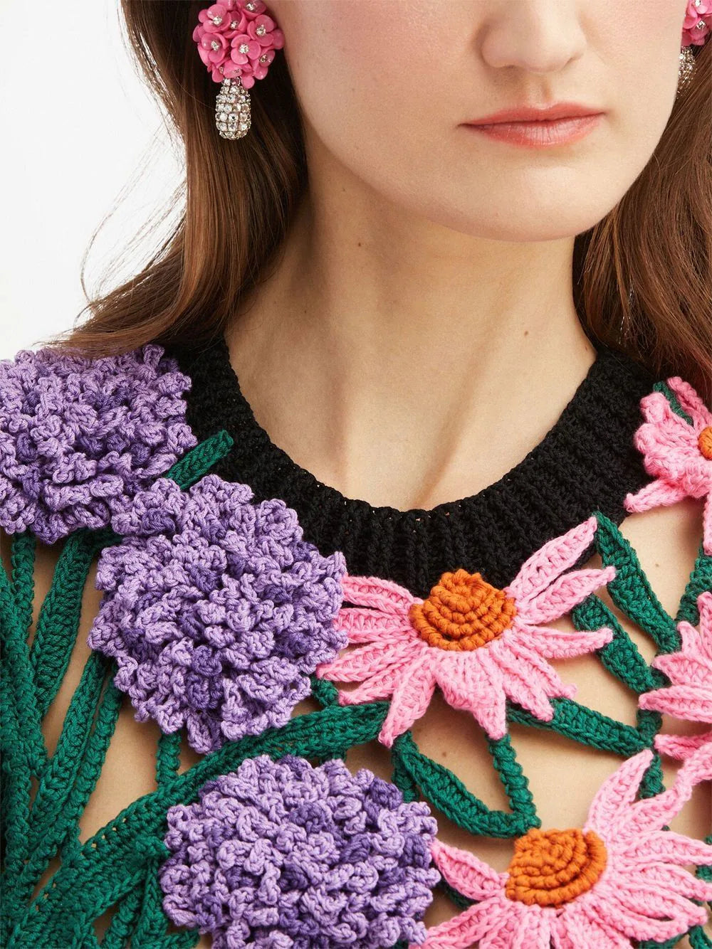 Floral-Embroidered Knitted Top - Black Multi